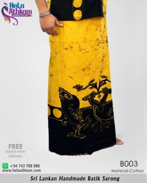 Sri Lankan handmade batik yellow black two swan designed sarong.