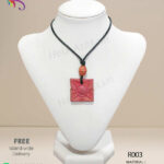 Handmade red clay pendant with square shape and beautiful flower engraving.
