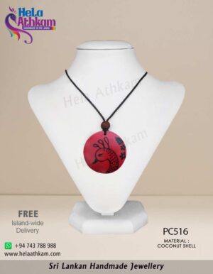 Sri Lankan handmade coconut shell jewellery with beautiful red and black peacock design.