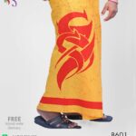 Handmade batik sarong with unique red tattoo design on an orange background.
