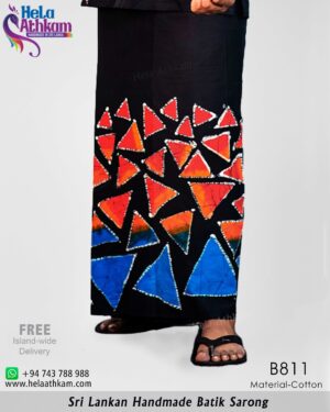 Multi coloured scattered triangles designed handmade batik sarong.