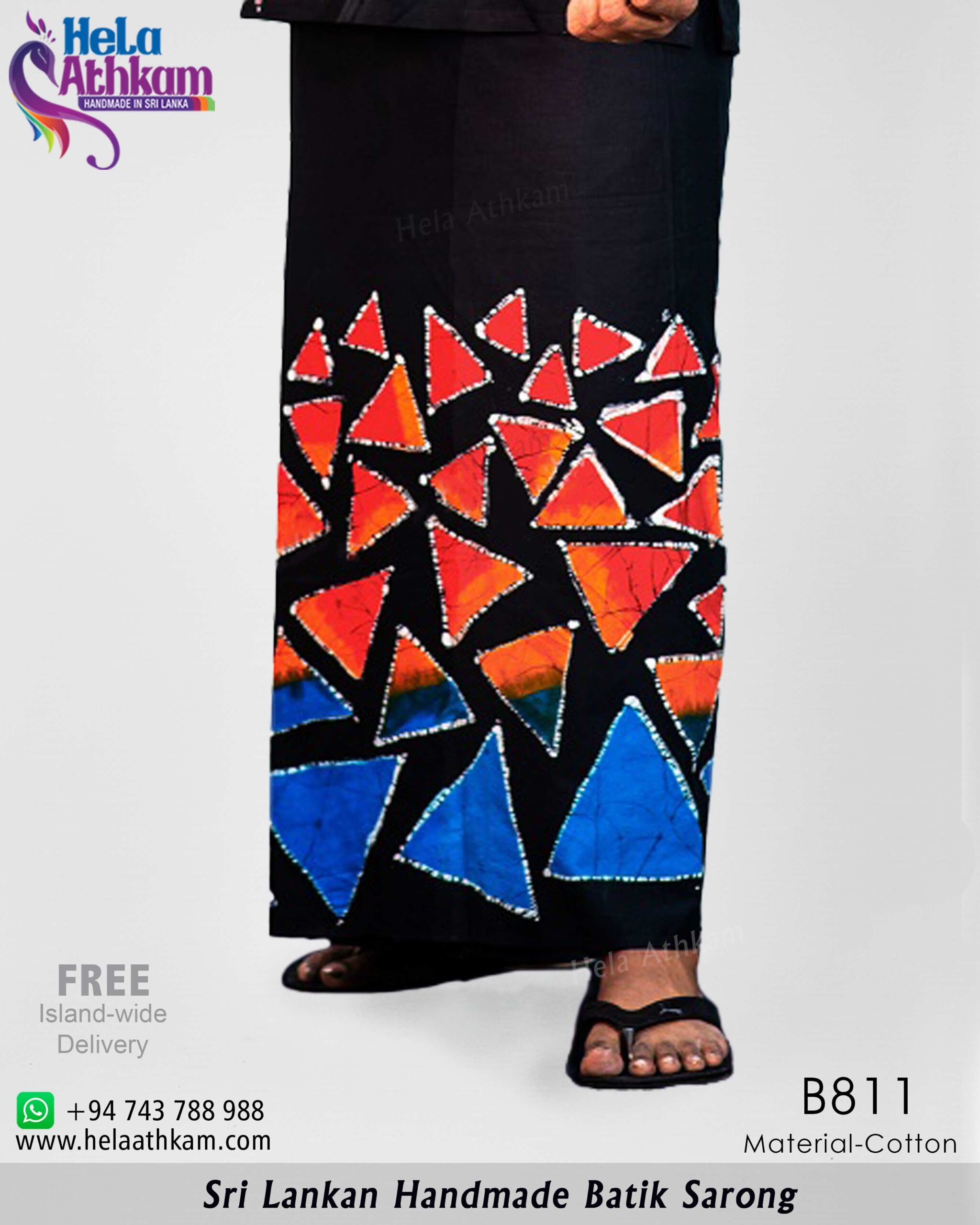 Hela Athkam Handmade Batik Product Image Multi coloured scattered triangles designed handmade batik sarong.