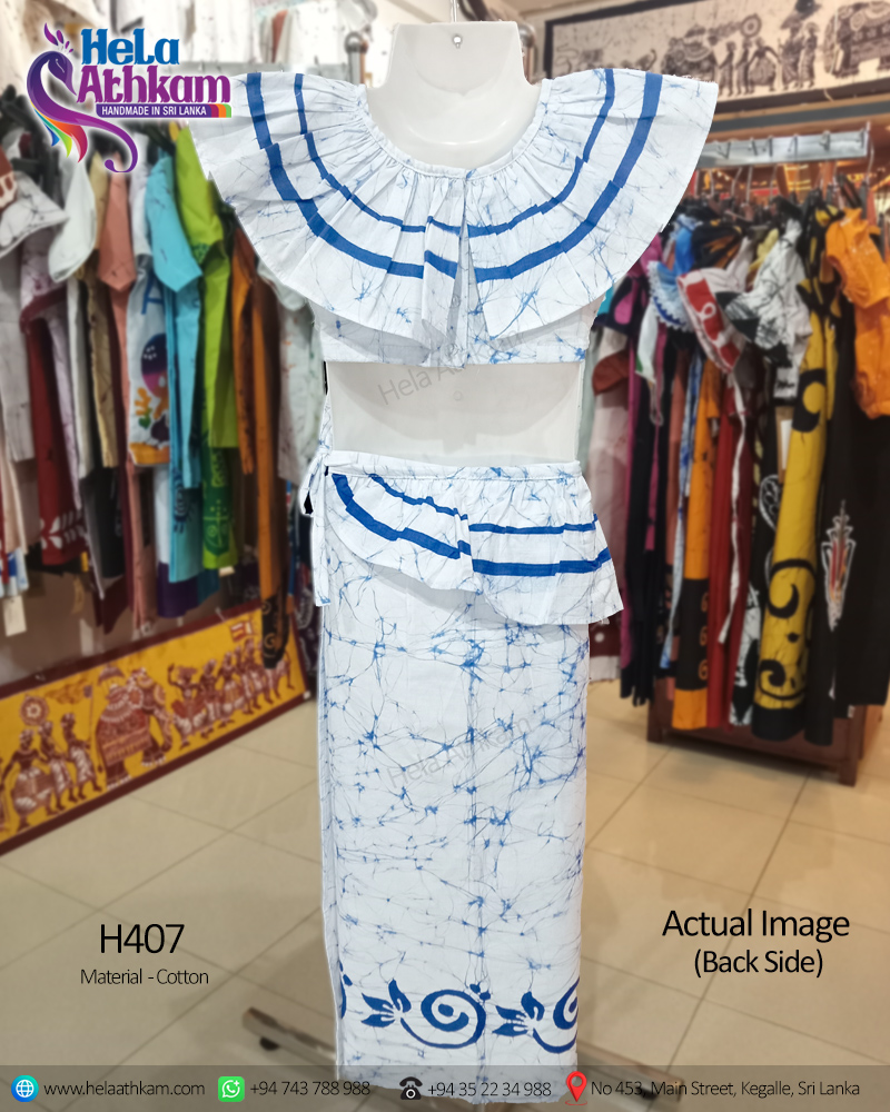 Sri Lankan handmade batik kids lamasaree with blue patterns on a white background actual image of the back view.