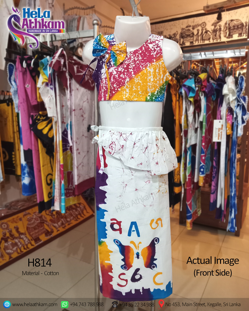 Actual image of a handmade kid's batik lamasaree with multi colours front view.