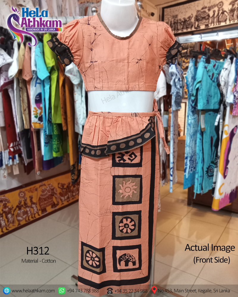 Sri Lankan handmade batik lama saree for kids with light brown and black colours actual image of the front view.