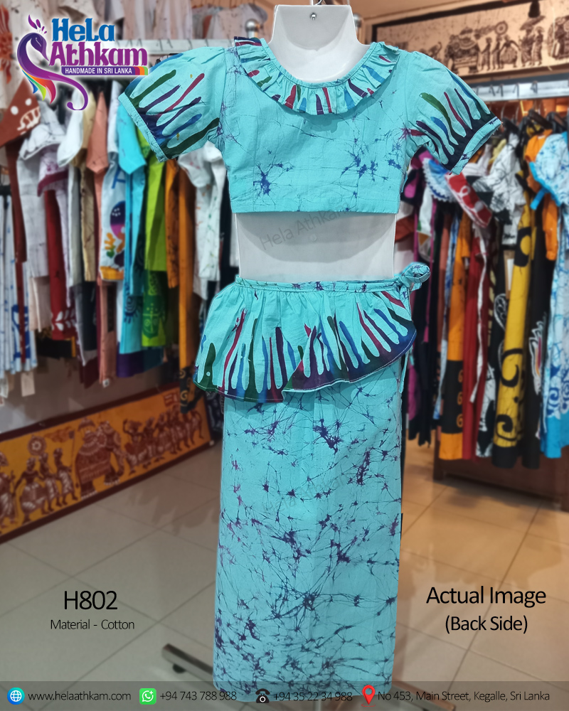 Sri Lankan handmade batik lamasaree for kids with light blue theme actual image of a back view.