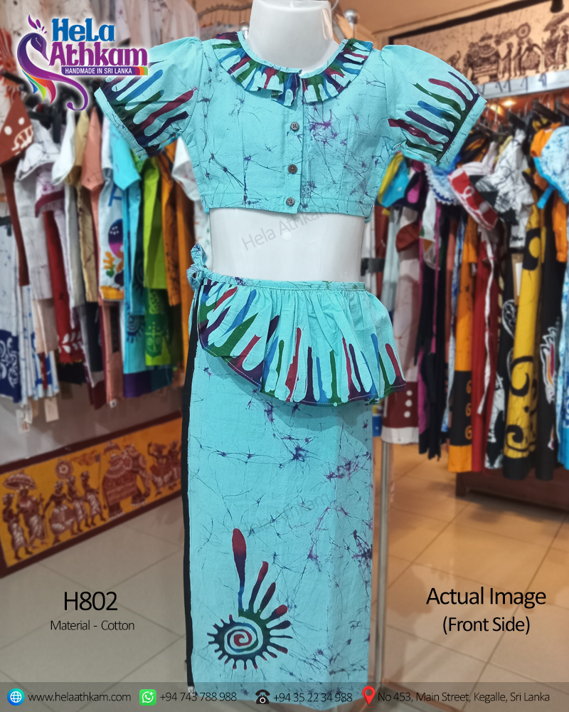 Sri Lankan handmade batik lamasaree for kids with light blue theme actual image of a front view.