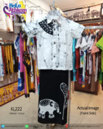 Sri Lankan handmade batik front view of black and white kids shirt and sarong.