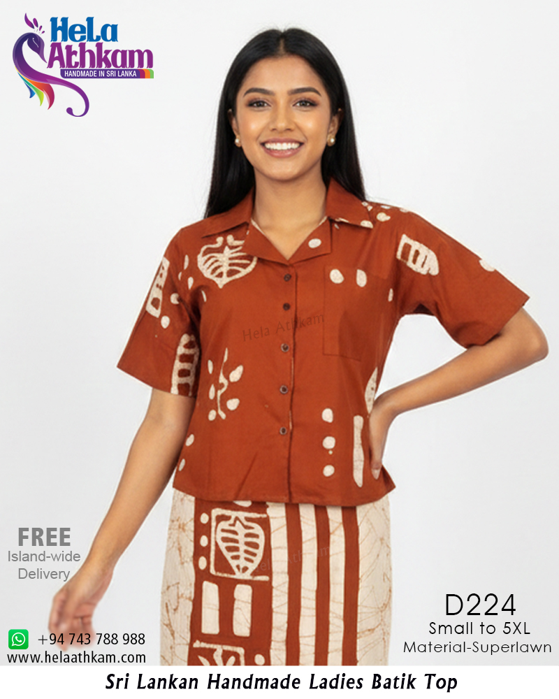 D224 WEB batik top Rusty Brown & White handmade bathik
