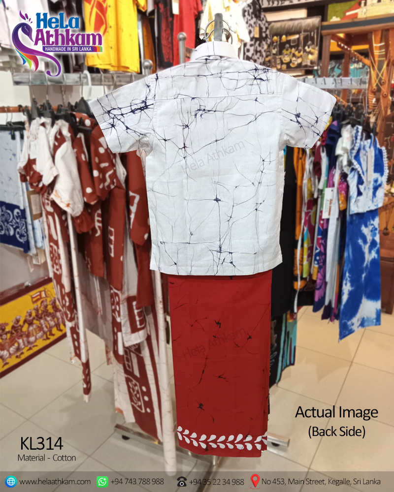 Back view of a handmade three coloured batik shirt and sarong kit for kids.