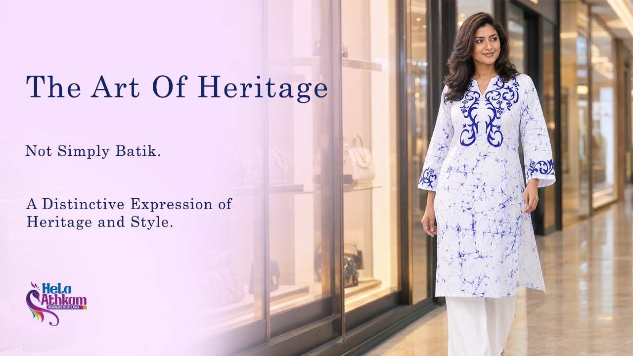 Hela athkam handmade Sri Lankan batik clothing. the art of heritage mobile hero banner.