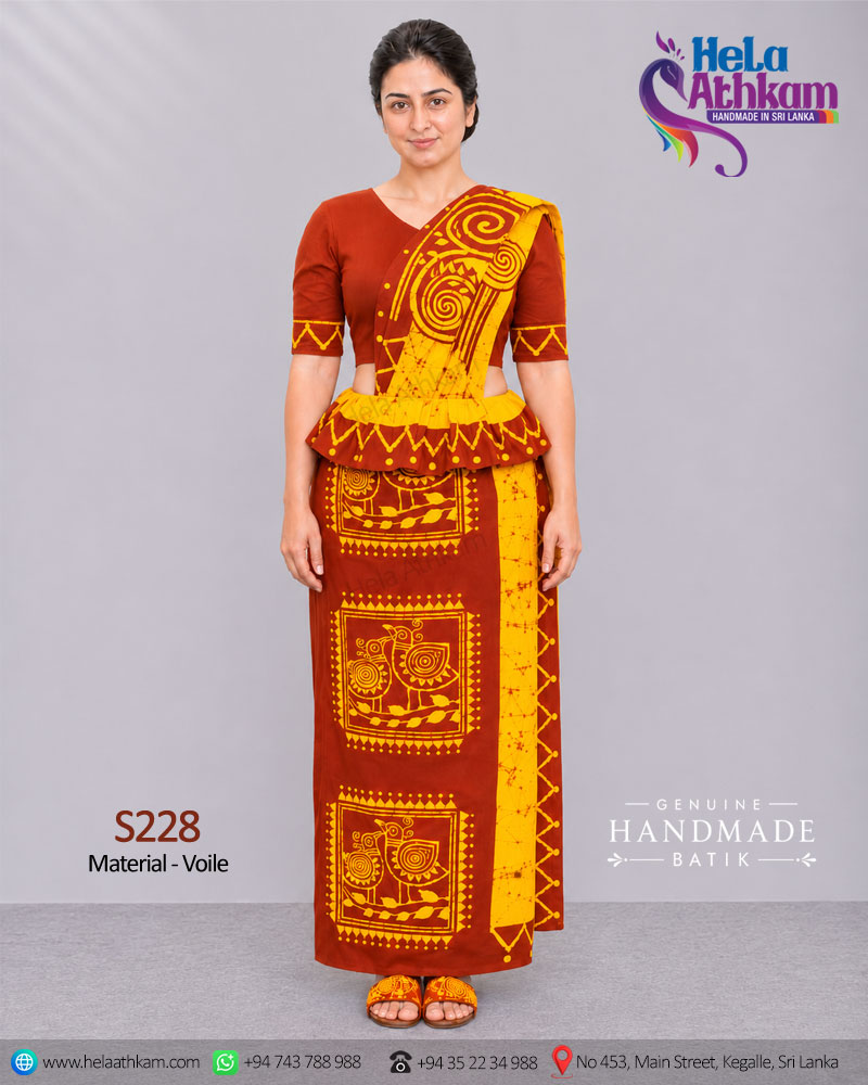 Sri Lankan handmade batik osariya made by Hela Athkam using beautiful combination of golder yellow and brown colors.