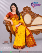 Sri Lankan handmade batic saree from Hela Athkam a woman proudly wearing this beautiful two color saree and sitting on a couch.