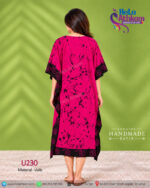 Sri Lankan handmade batik kaftan by Hela Athkam with hidden adjustable inner tie to adjust the waist of the kaftan back view.